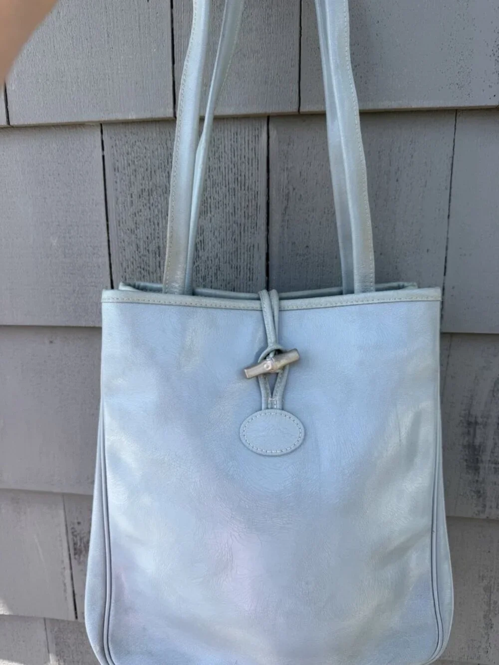Vintage 90s Longchamp light blue leather double handle shoulder bag preppy